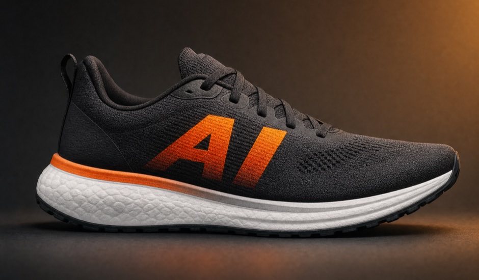 Running shoe with AI written on the side, tilted like a running start: AI makes me faster